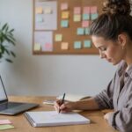 Специалист составляет контент-план для IT-блога за ноутбуком